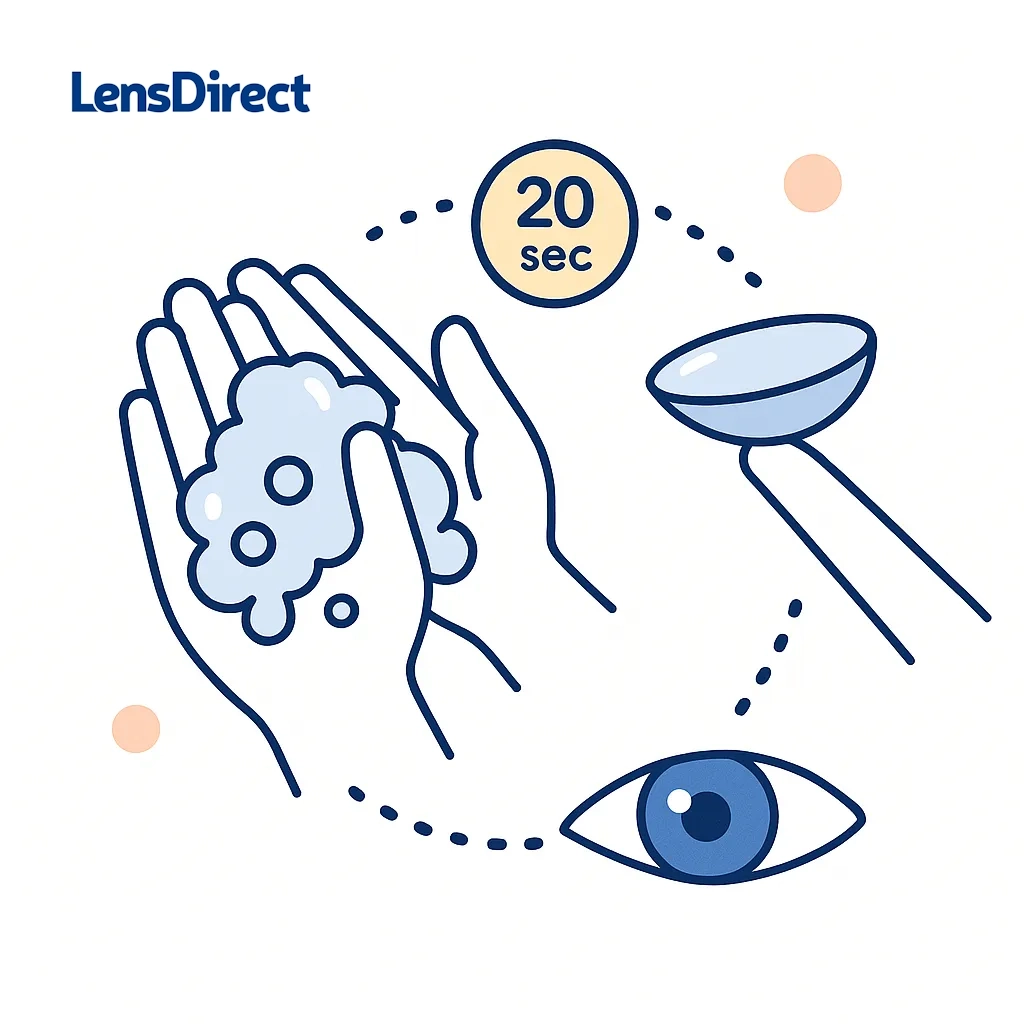 A person washes hands thoroughly with soap before touching a contact lens, illustrating the importance of handwashing.