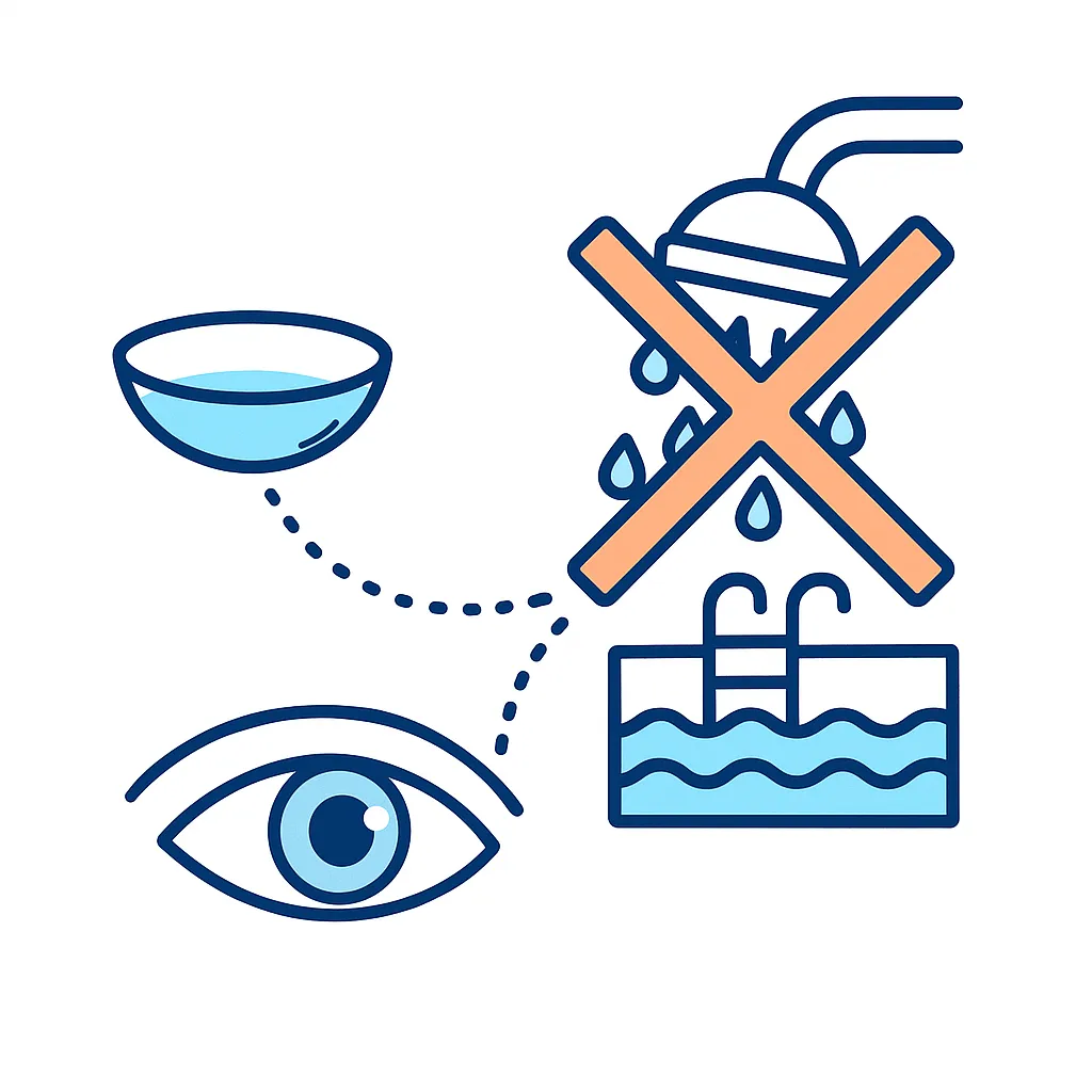Contact lenses are shown near a shower and pool with a warning cross to stress that water exposure can harm lenses.