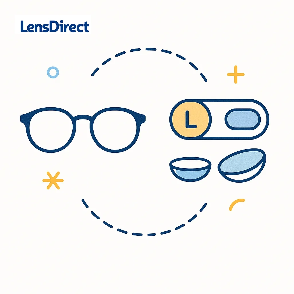 Minimal illustration compares eyeglasses and contact lenses connected with a dotted line, reflecting dual-wearer flexibility.