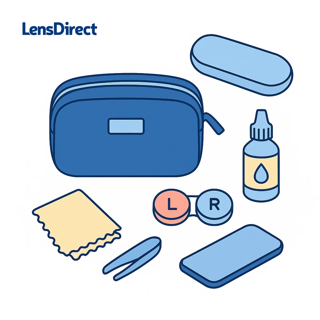 Top-down view of a pouch surrounded by a glasses case, contact lens case, eye drops and microfiber cloth, essential for dual eyewear users.