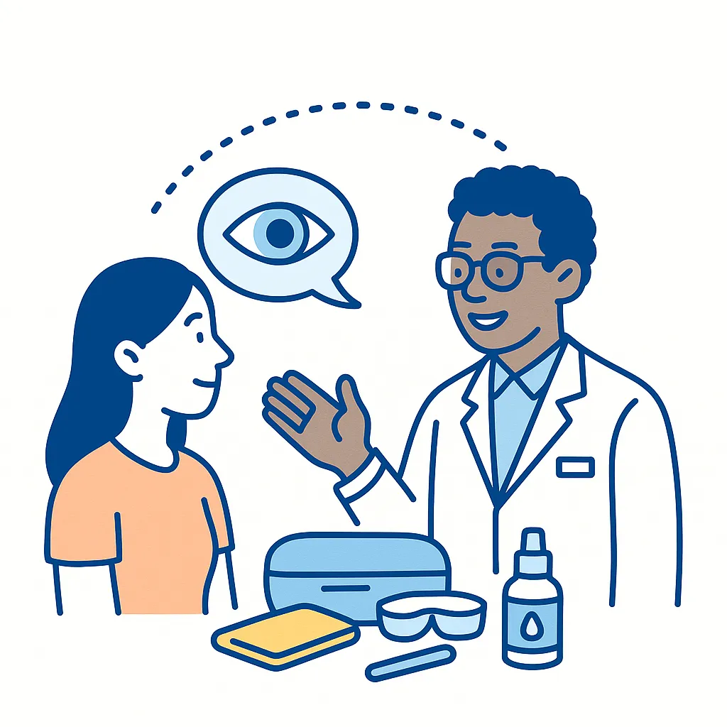 Contact lens case with dotted lines to calendar, insertion, drops, storage, caution, glasses and solution icons shows how to stay comfortable.