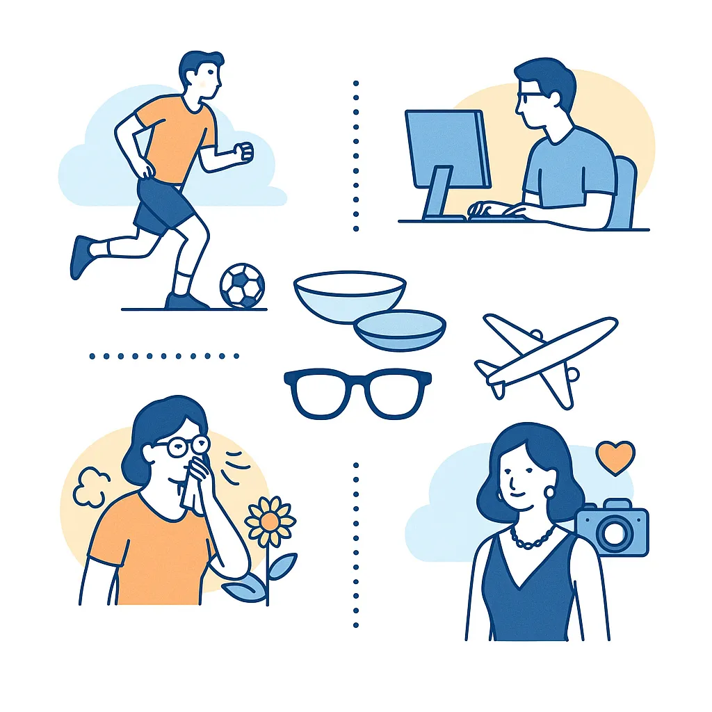 A combination of glasses and contact lens icons connects to scenes of sports, desk work, allergies and formal events to recommend eyewear choices.