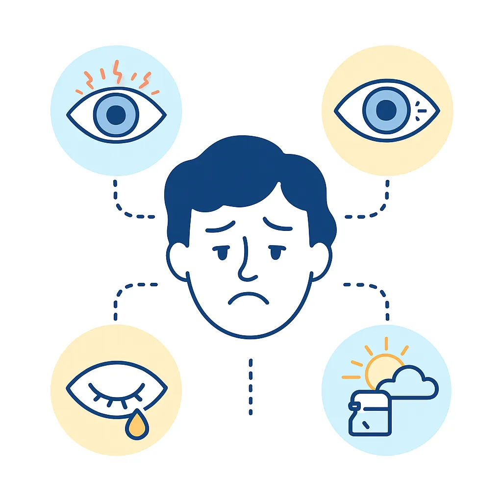 Person with discomfort is linked to icons for burning, dryness, halos, light sensitivity, fogging and headaches, signaling a need to change eyewear.