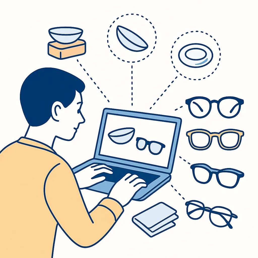 Illustration shows a person using a laptop with dotted lines connecting to diverse contact lens and glasses icons, symbolizing online shopping for eyewear.