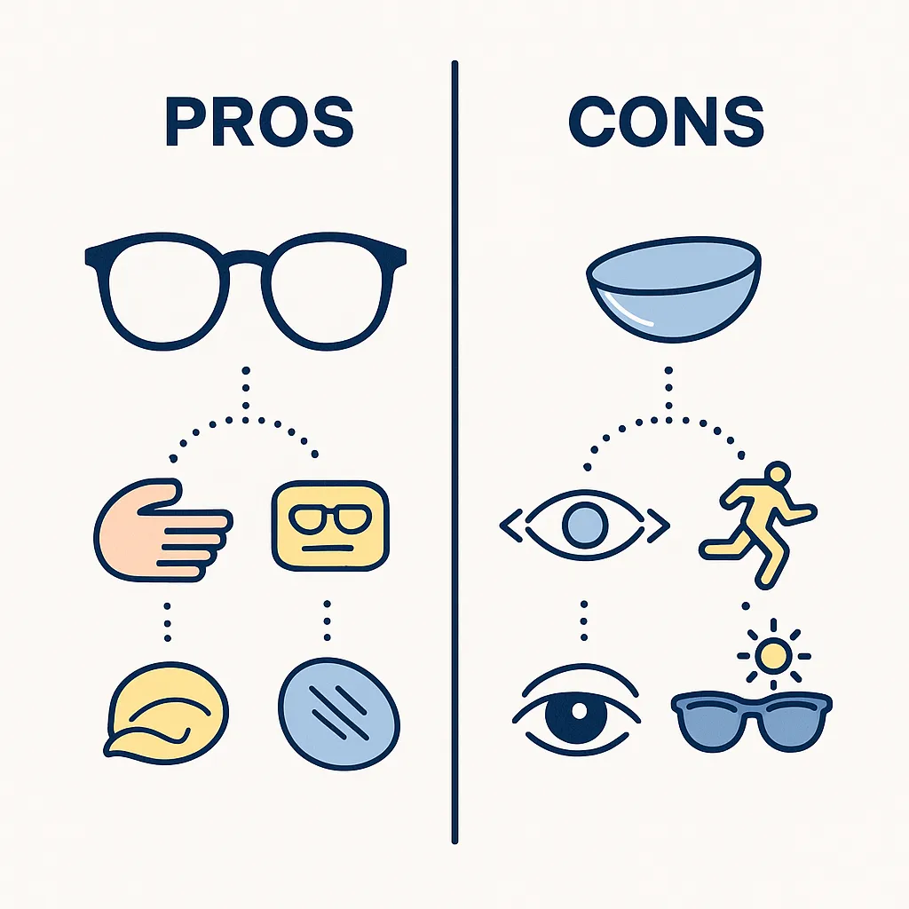 Split screen infographic shows benefits of glasses versus contacts with icons for easy use, style, field of view, sports and sun compatibility.