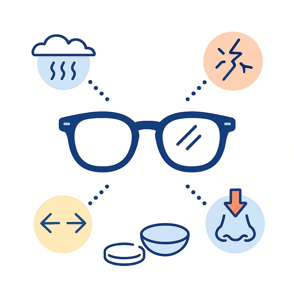 Central glasses graphic linked to icons for fogging, scratches, slipping and limited peripheral vision, demonstrating glasses limitations.