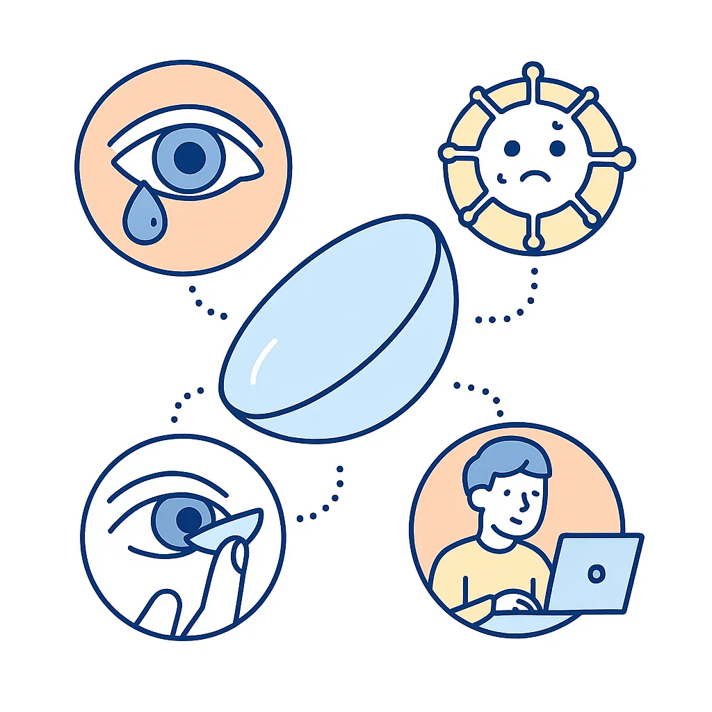 Contact lens at center connects to scenes of sports, sunglasses, wide scenic vision and elegant occasions, illustrating contact lens benefits.