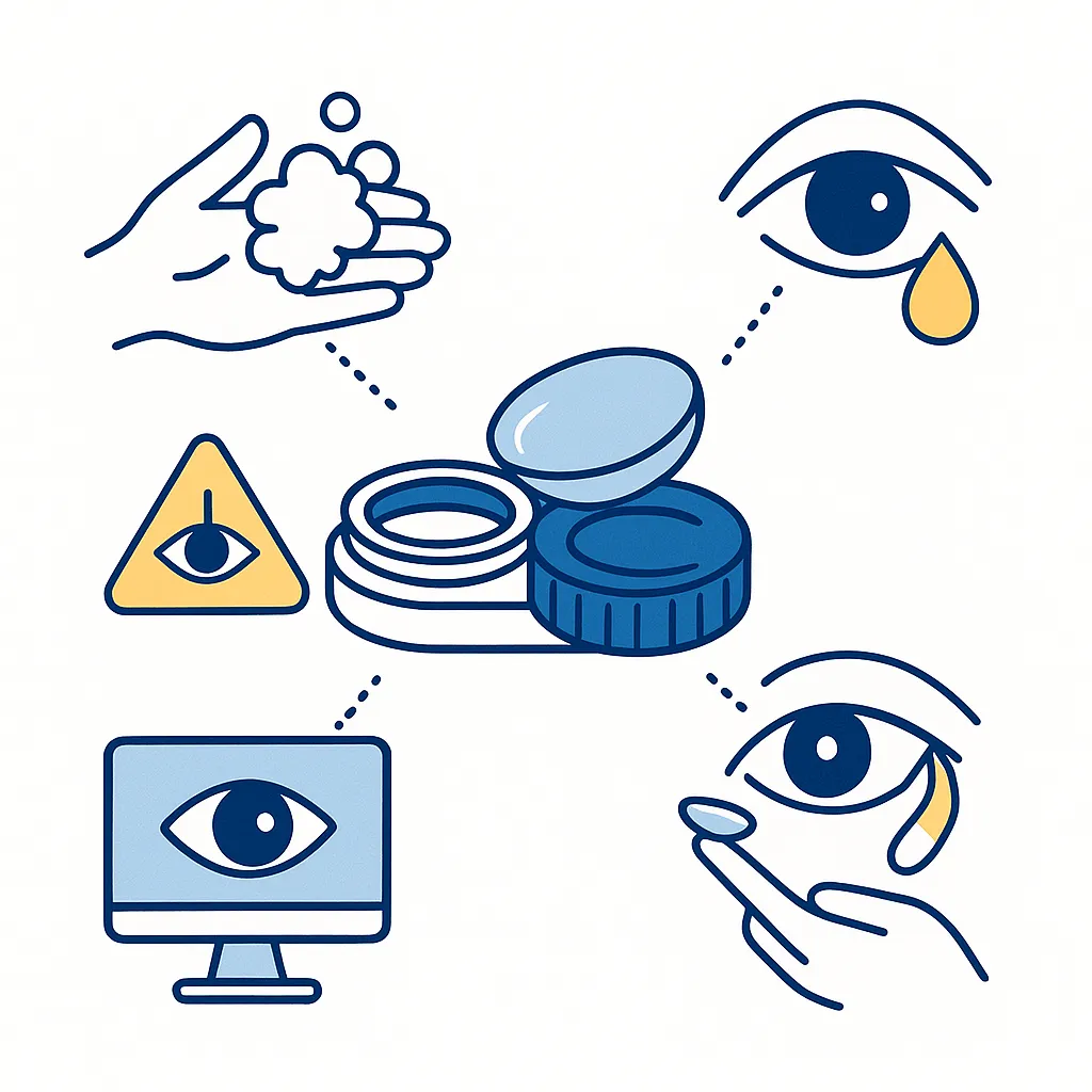 Infographic shows a contact lens case linked to icons for hygiene, dryness, insertion difficulty and digital eye strain, depicting contact lens challenges.