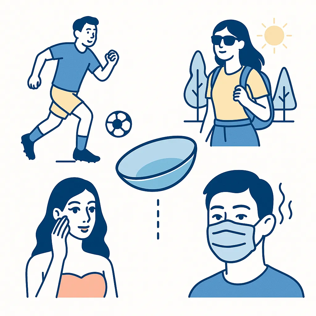 Contact lens with dotted lines leads to vignettes for sports, outdoor hikes with sunglasses, special occasions and mask-wearing without fogging.