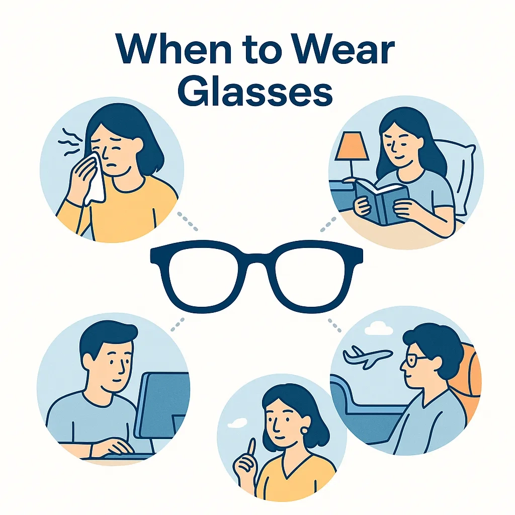 Glasses icon connects to scenes of illness or allergies, bedtime reading, extended computer work and airplane travel, suggesting times to switch to glasses.