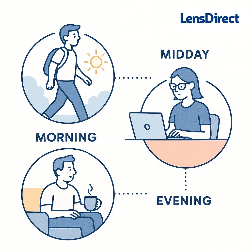 Timeline illustration shows morning commute in contacts, midday desk work in glasses and evening wind-down with glasses for a dual wearer routine.