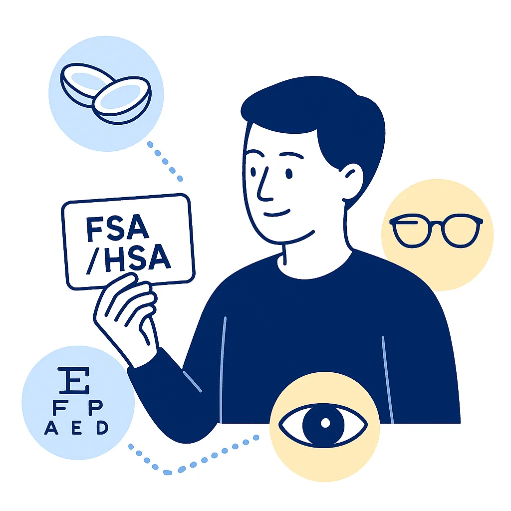 Illustration showing a person with an FSA/HSA card connected by dotted lines to icons for contact lenses, eyeglasses and eye exam.