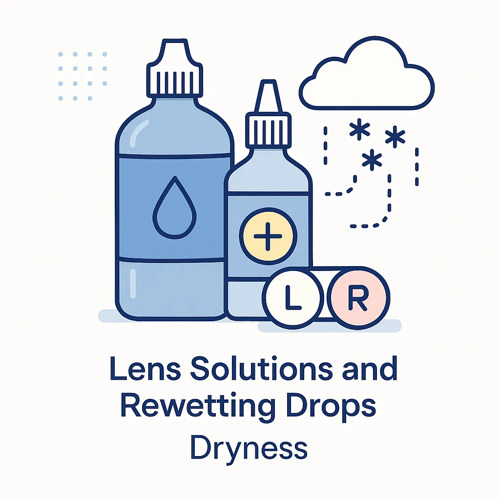 Bottles of lens solution and rewetting drops with water drop and snowflake icons represent relief from winter dryness.