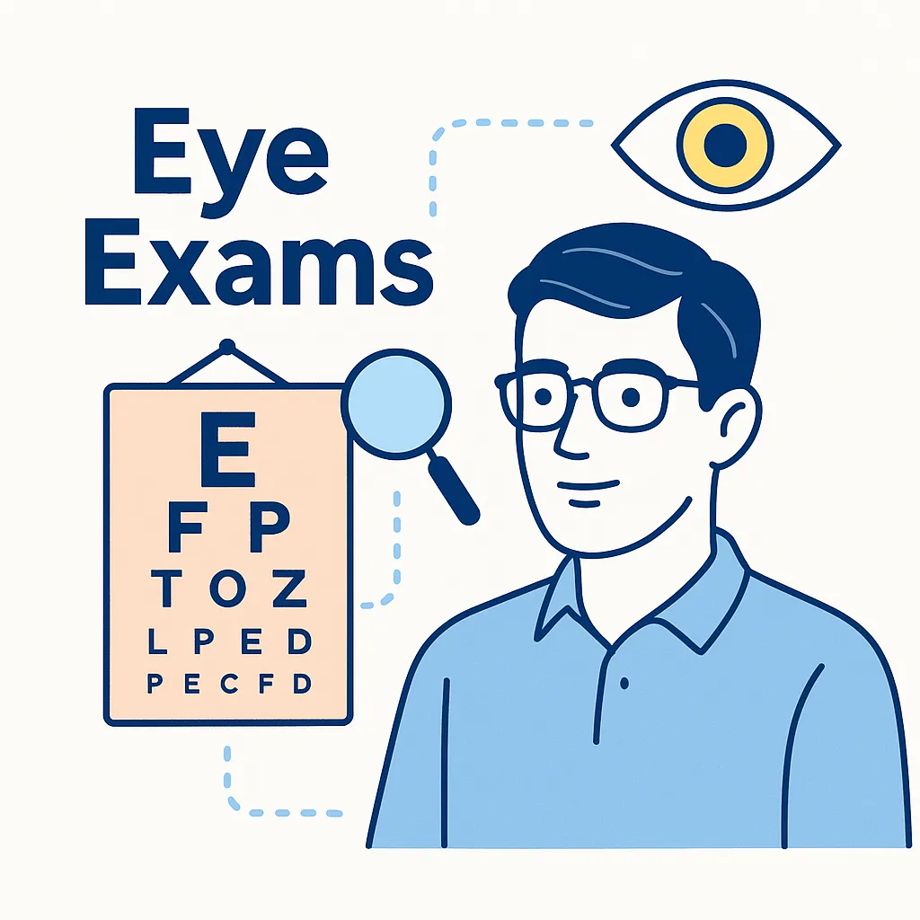 Graphic shows an eye chart, magnifying glass and person wearing glasses to stress scheduling comprehensive eye exams.
