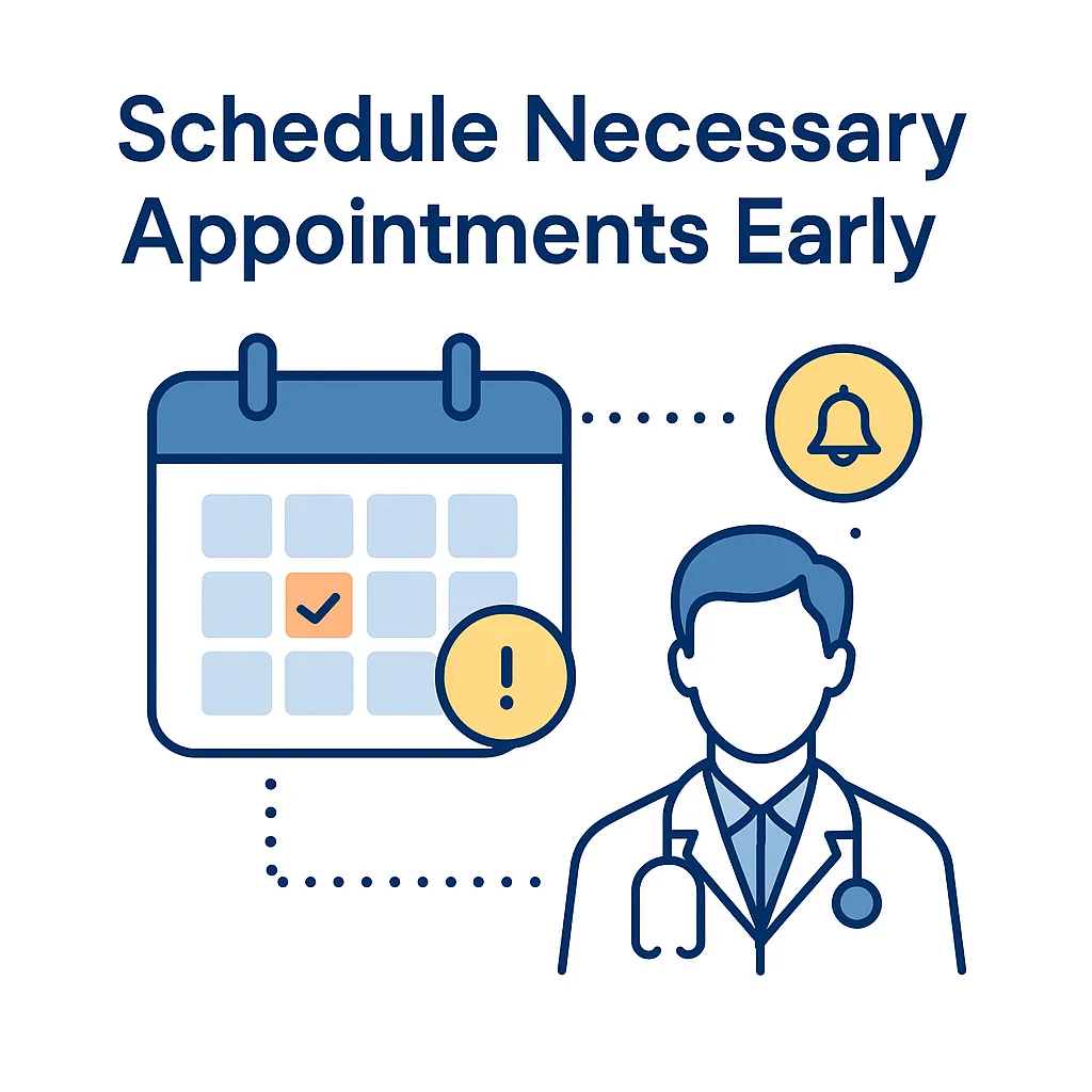 Calendar with a highlighted date and doctor icon reminds users to book necessary eye appointments before clinics fill up.