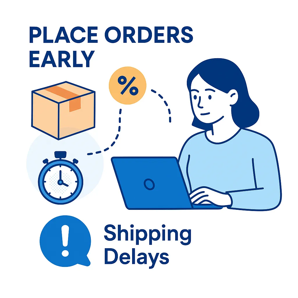 Illustration urges early online ordering with a laptop, shipping box, sale tag and clock warning of holiday shipping delays.