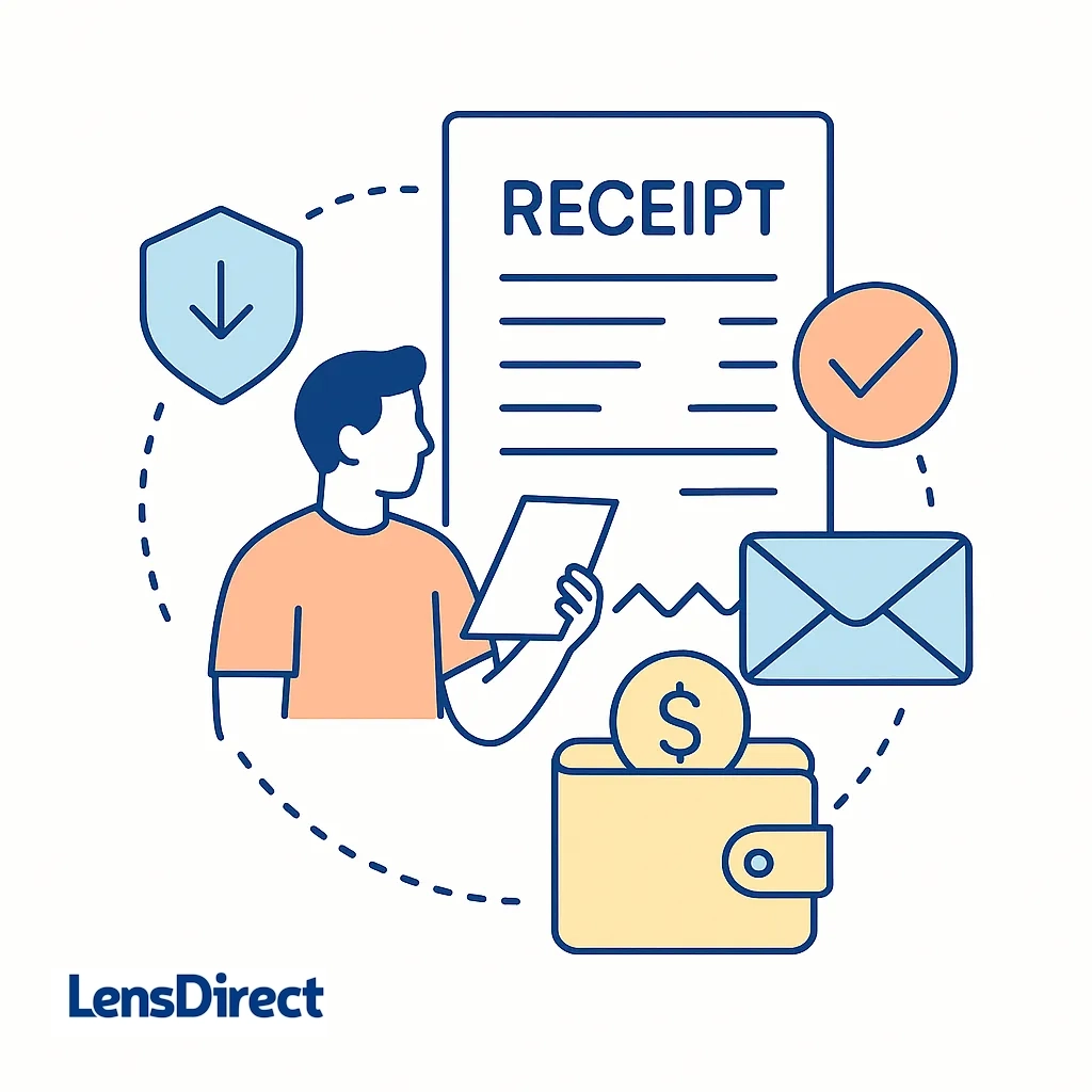 A person organizes FSA/HSA receipts with an envelope and wallet, indicating the need to keep and submit documentation.