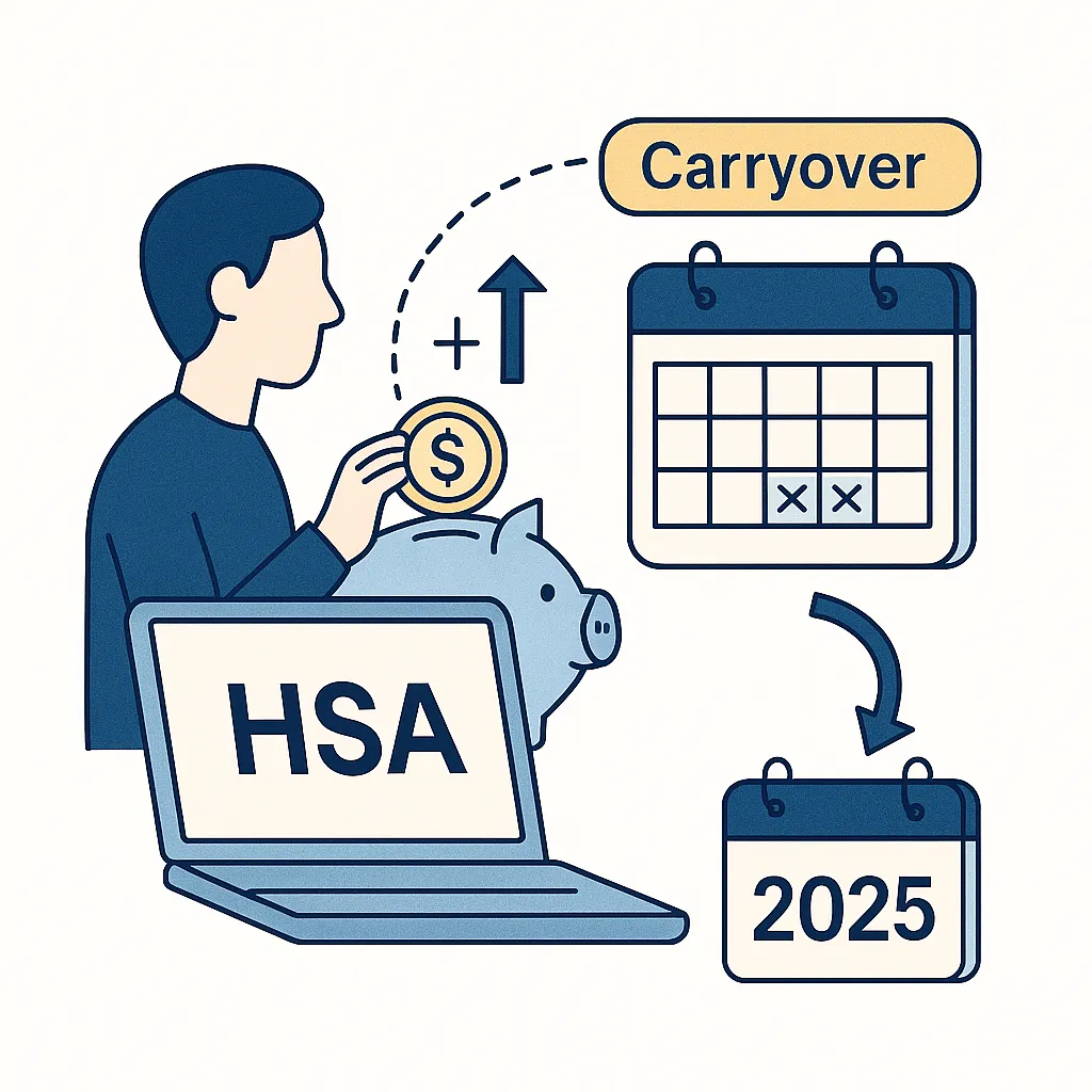 Infographic features a person adding money to a piggy bank with calendars illustrating carryover and grace period options.