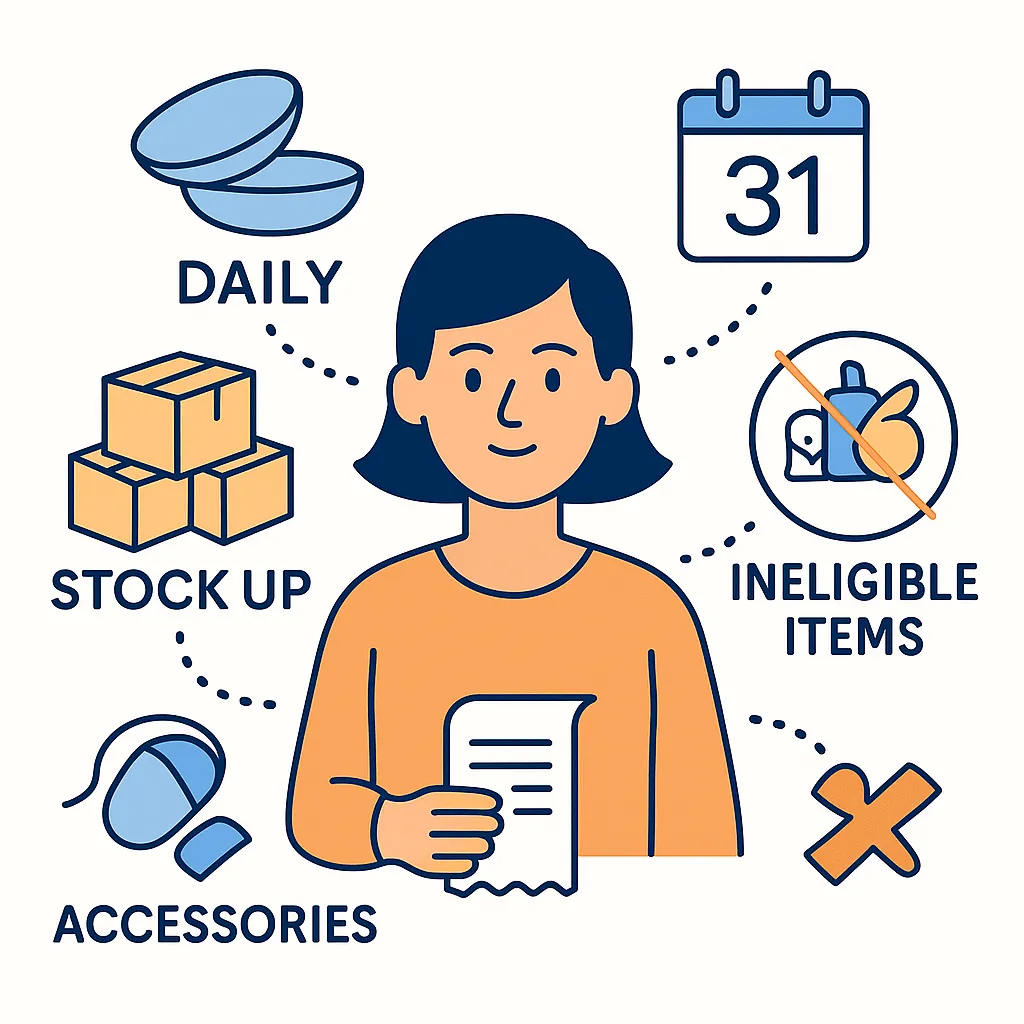 Central figure surrounded by icons for daily disposables, stocking up, accessories, avoiding ineligible items and a December 31 deadline.
