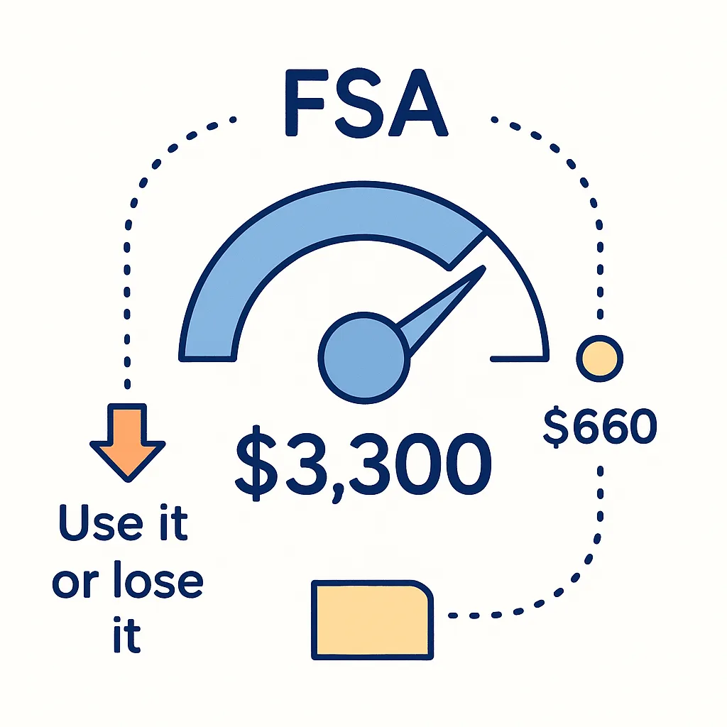 Gauge‑style graphic shows the 2025 FSA limit of $3,300 with a $660 carryover and a use‑it‑or‑lose‑it warning.