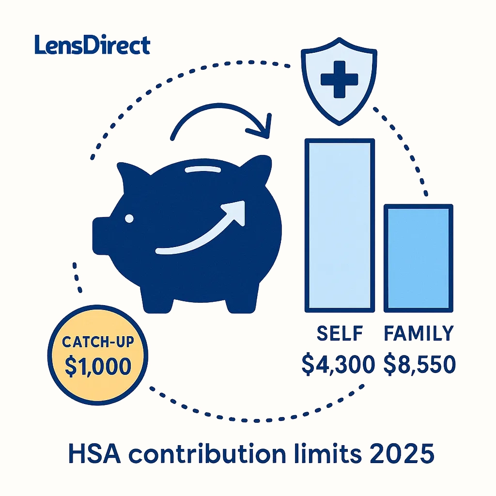 Infographic highlights HSA features with a piggy bank, bars for $4,300 and $8,550 limits, a catch‑up badge and rollover arrow.