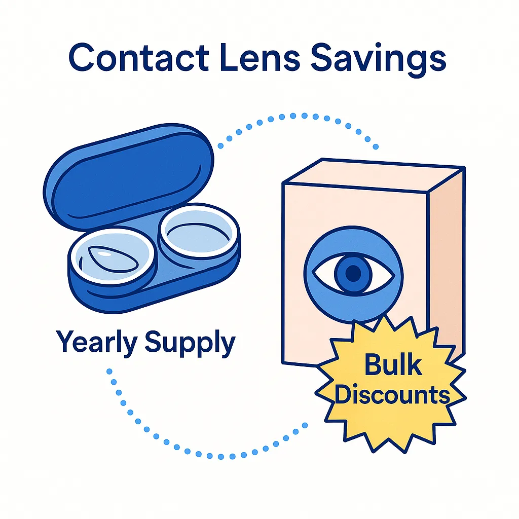 Graphic displays contact lens case and box with tags for yearly supply and bulk discounts connected by dotted lines.