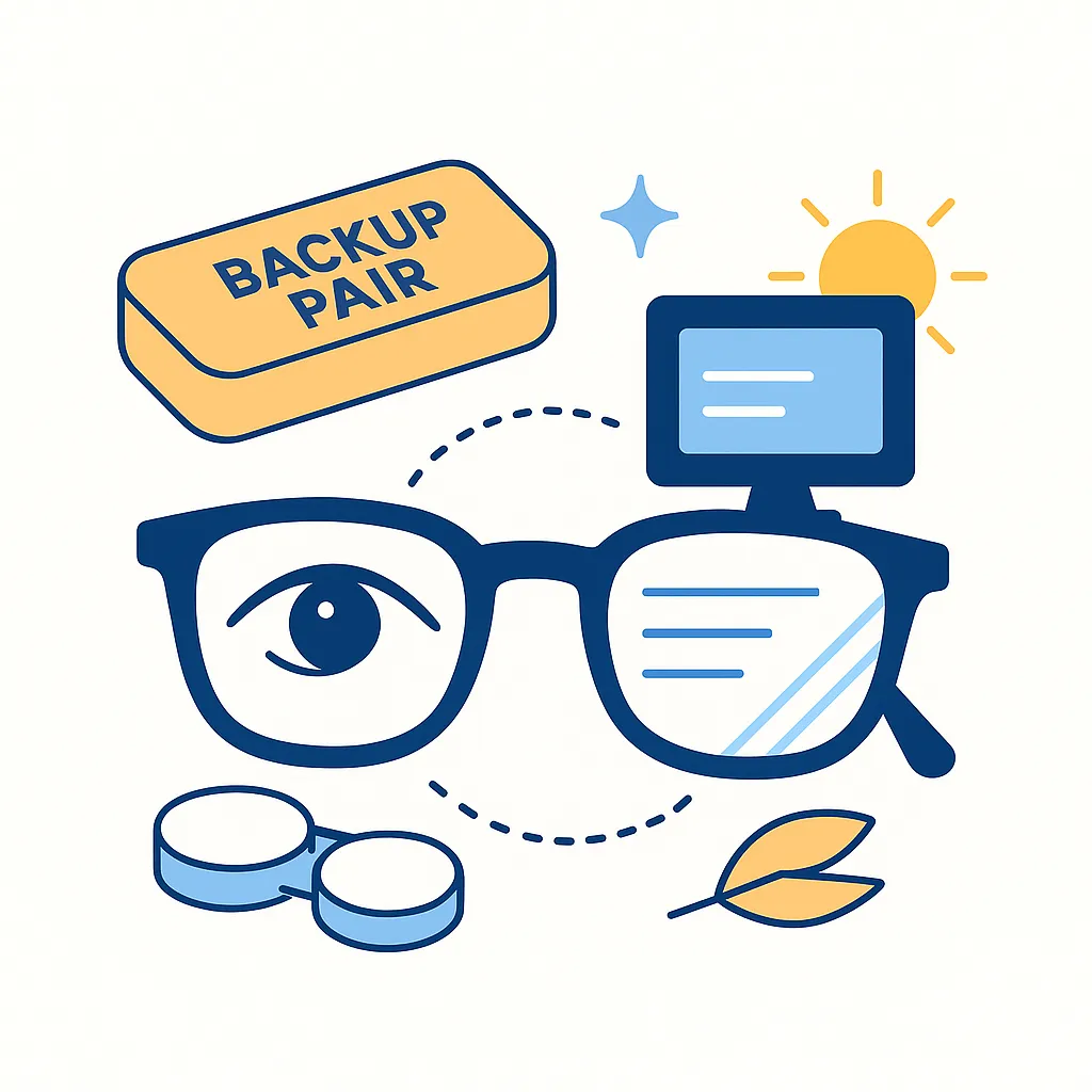 Illustration of backup eyeglasses near a contact lens case and computer screen to relieve digital eye strain.