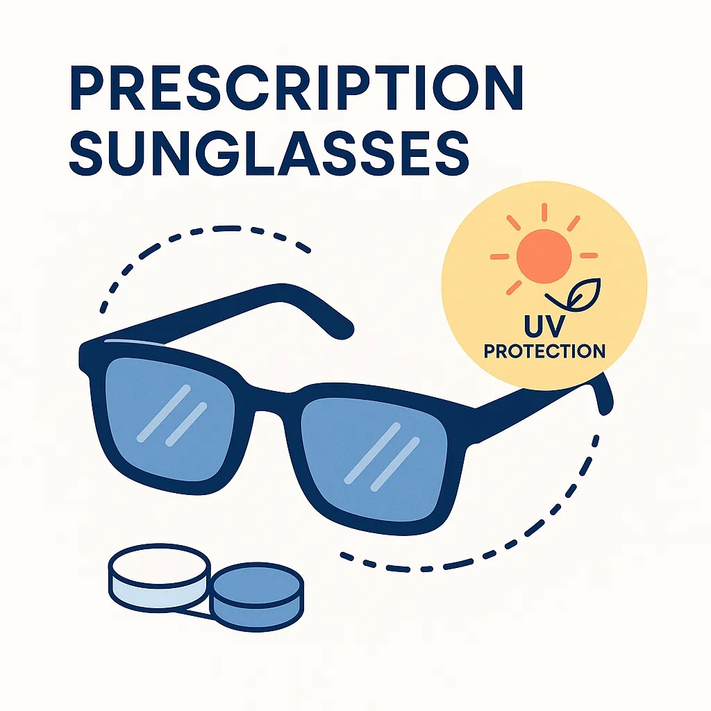 Stylized sunglasses with a sun and UV shield emphasize prescription sunglasses’ UV protection benefits.