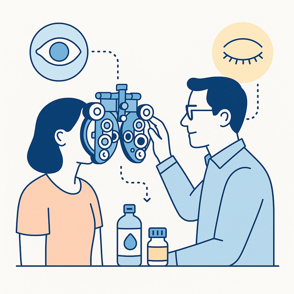 Illustration of an optometrist performing a contact lens eye exam with phoropter and eye health icons.