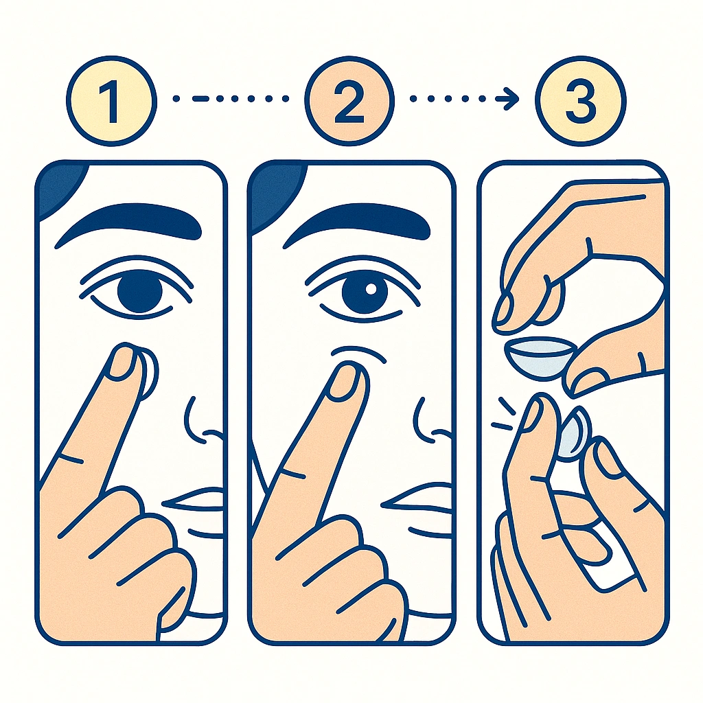 Step sequence showing lowering eyelid, sliding the lens onto white of eye, and pinching it out with fingertips.
