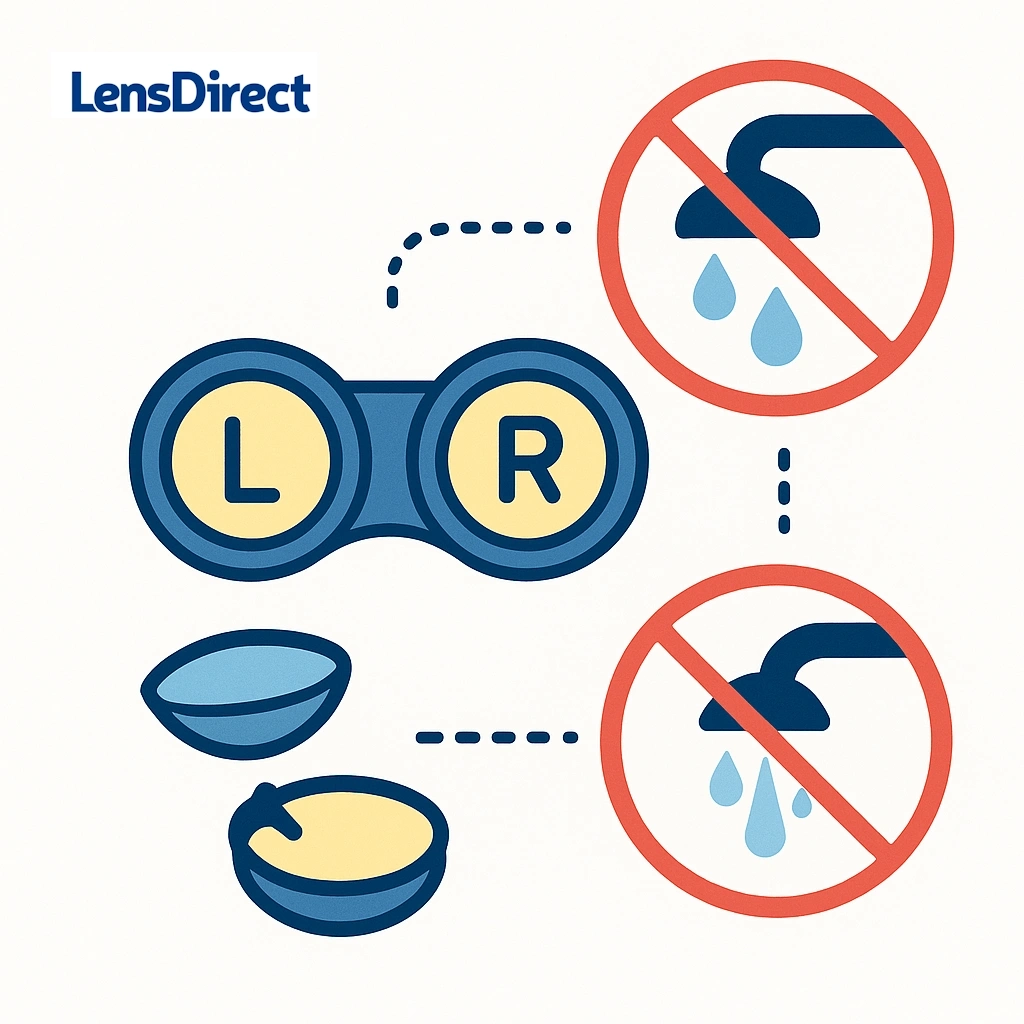 Lens case with water droplets under a crossed‑out faucet symbol connected by dotted line.