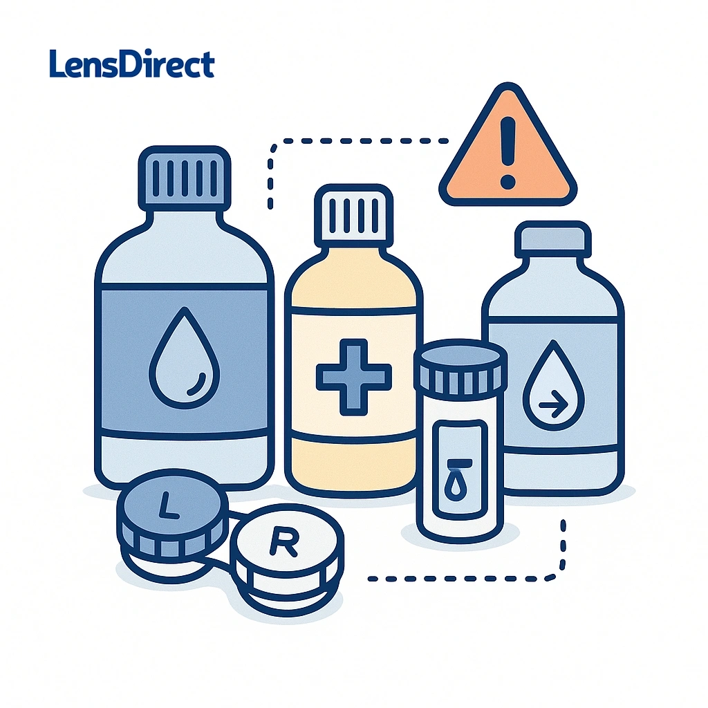 Infographic comparing bottles of multipurpose solution, hydrogen‑peroxide system with caution sign, and saline.