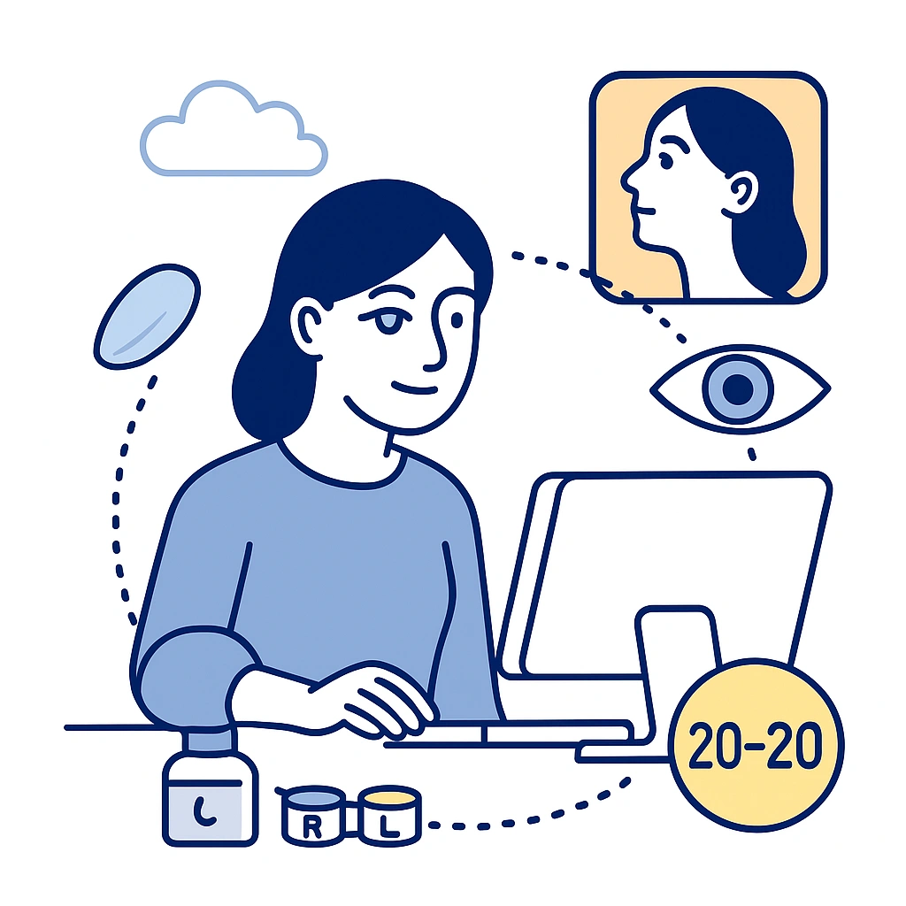 Person using a computer with dotted arrow directing gaze to a distant landscape and a small timer icon.