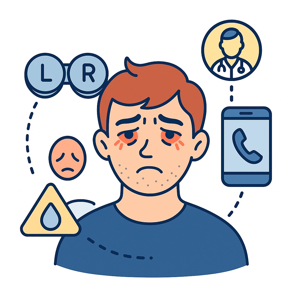 Person with red eye wearing glasses; contact lens case and phone icon suggest removing lenses and calling a doctor.
