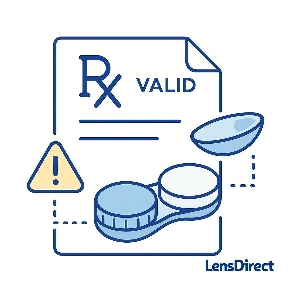 Drawing of a prescription document with RX symbol, contact lenses, and a caution icon representing legal safety.