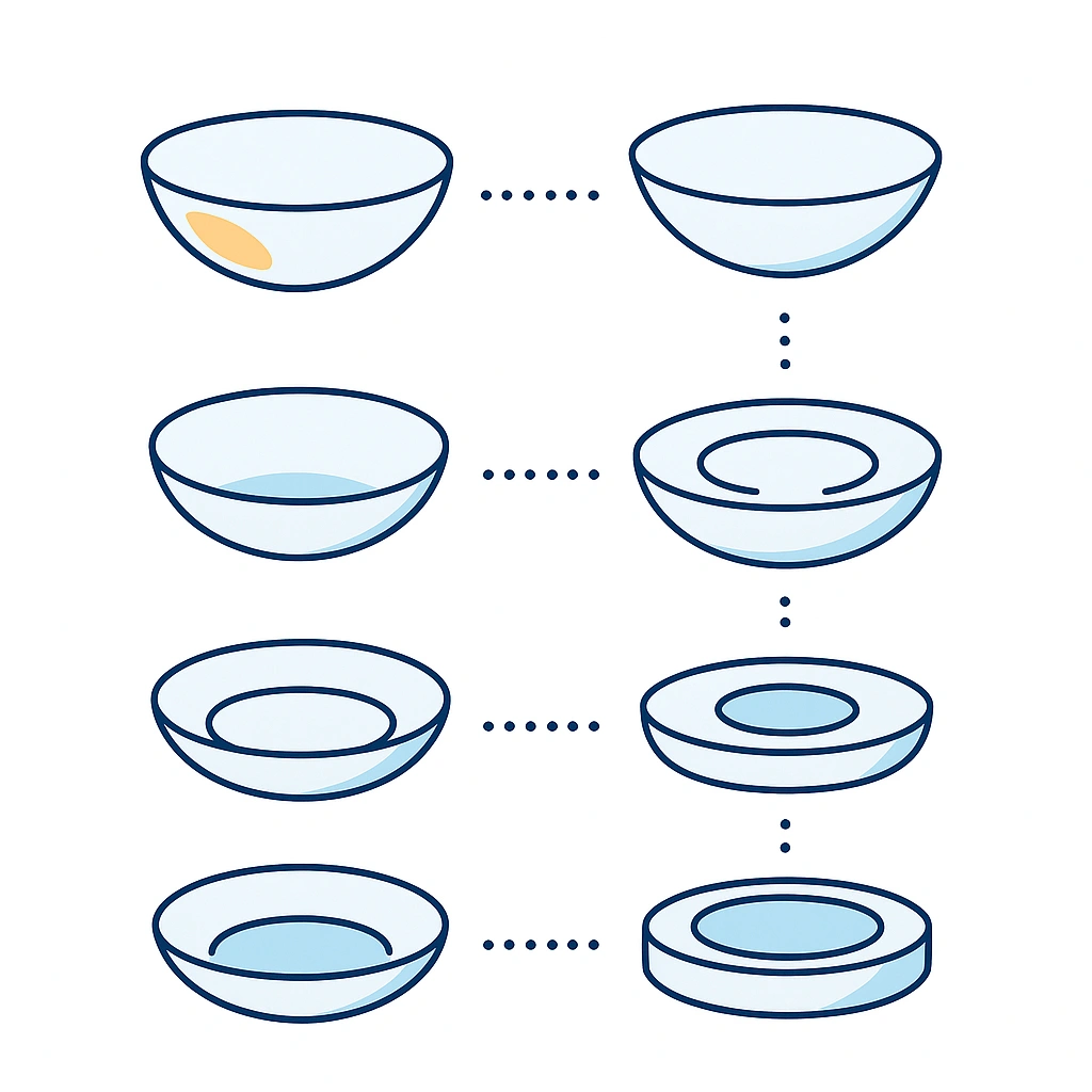 Minimalist infographic showing different contact lens shapes connected by dotted lines to an eye icon.