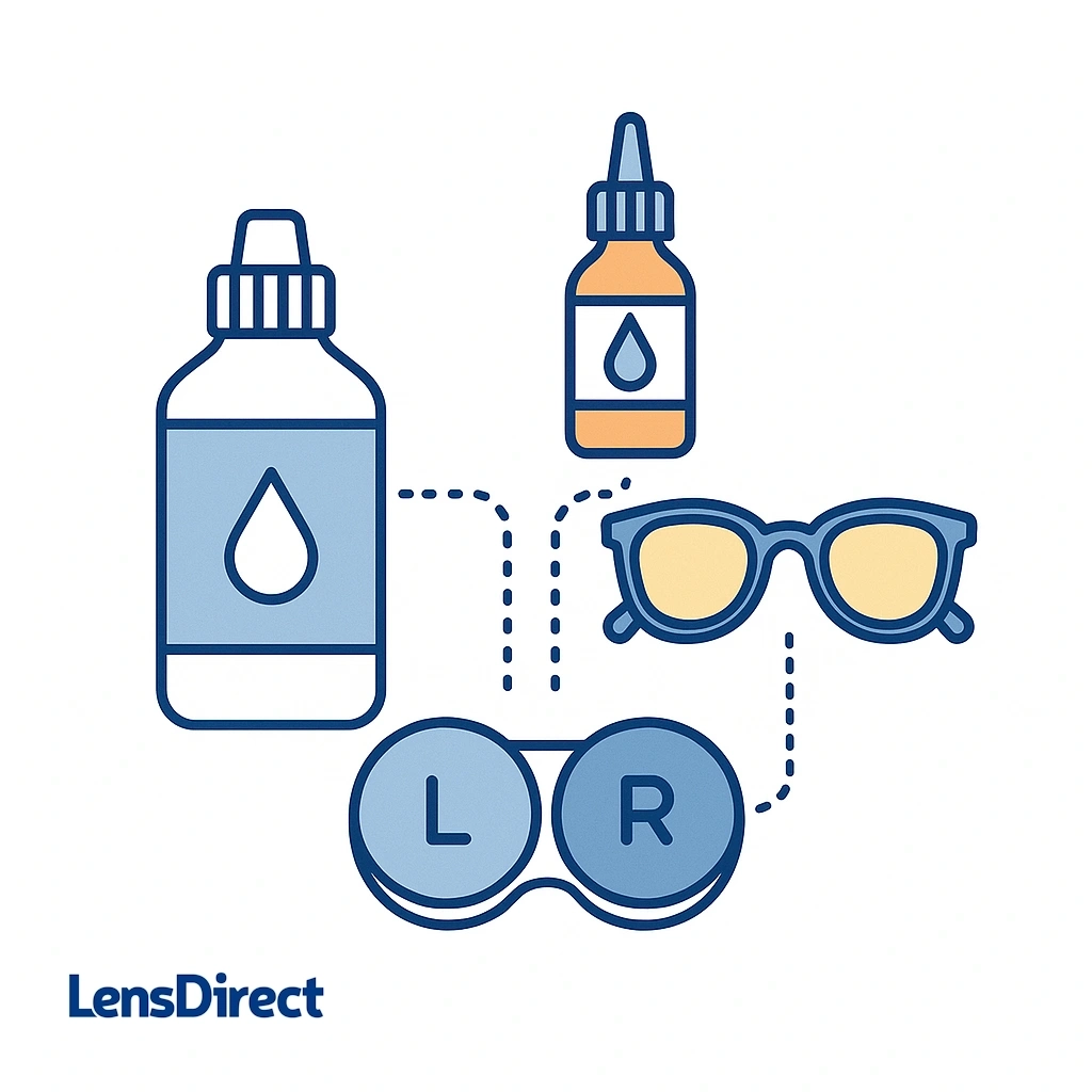Illustration of solution bottle, rewetting drops, contact lens case, and backup glasses connected together.