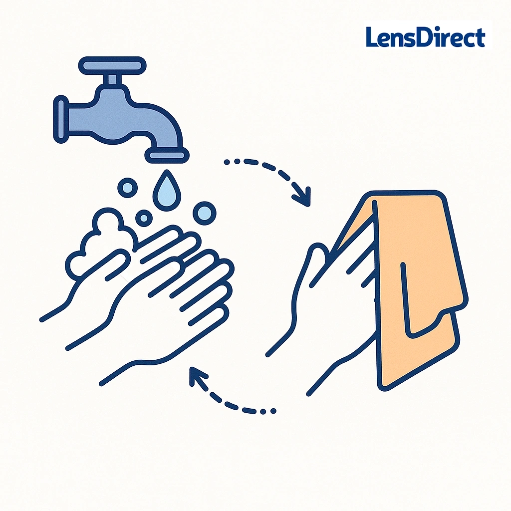 Visual sequence of hands washing with soap and then drying with a lint‑free towel using dotted arrows.