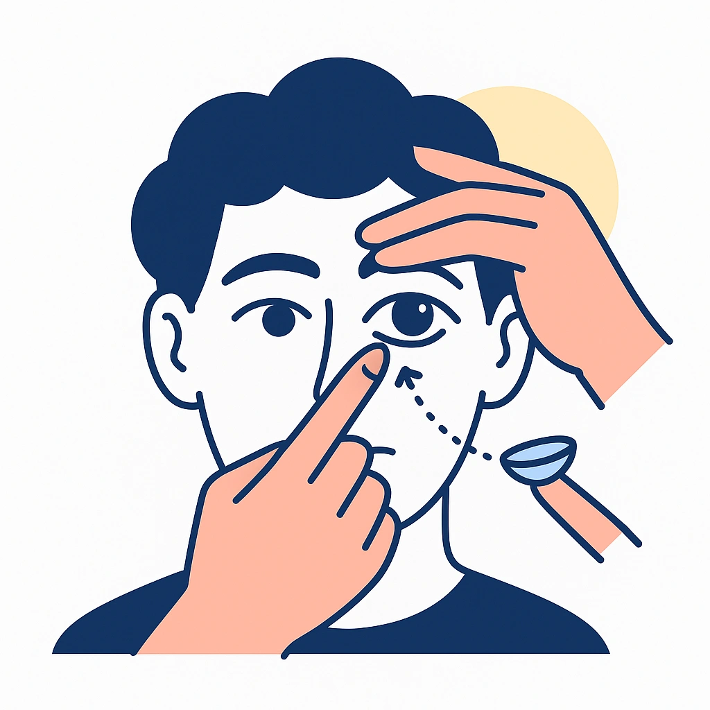 Close‑up of an eye with one hand lifting the upper lid, another pulling the lower lid, and a lens guided to the cornea.