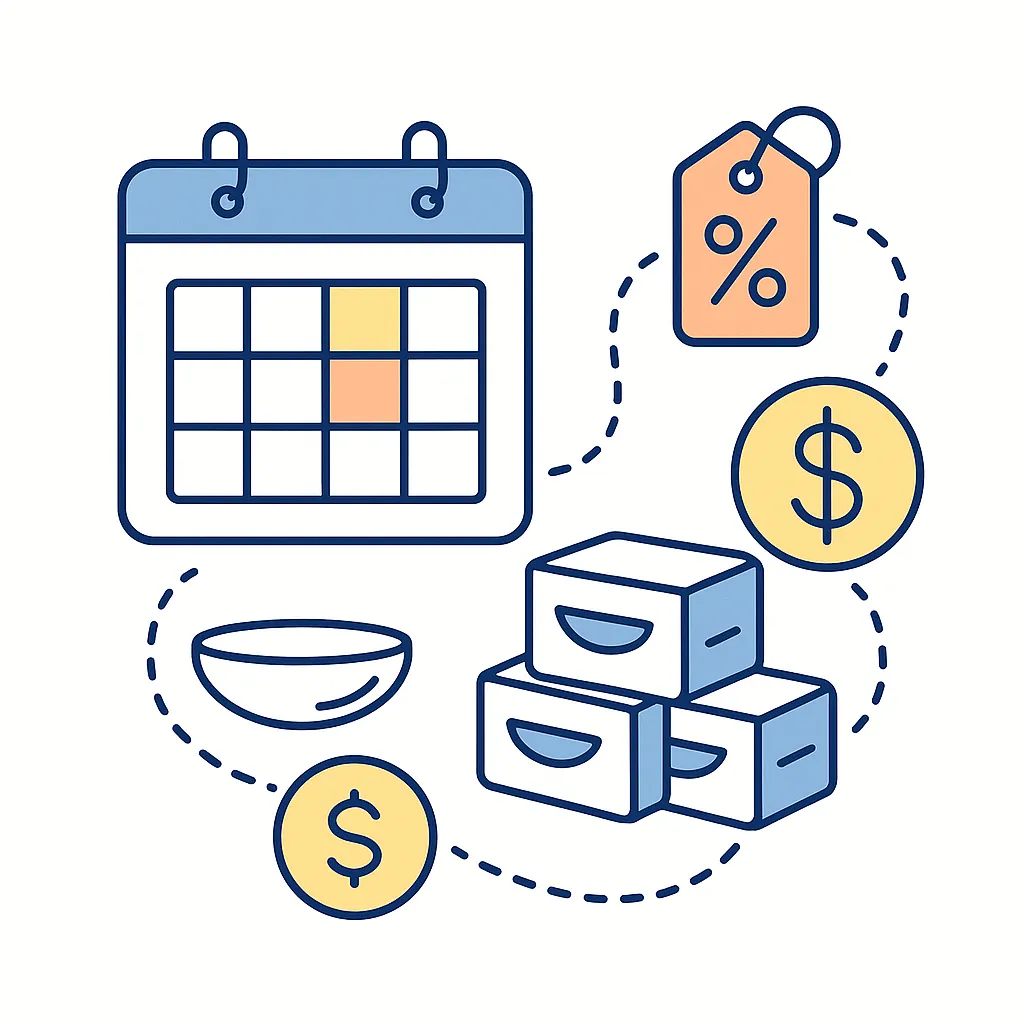 Illustration of a calendar and contact lens boxes with dotted line connections representing Black Friday and Cyber Monday planning.