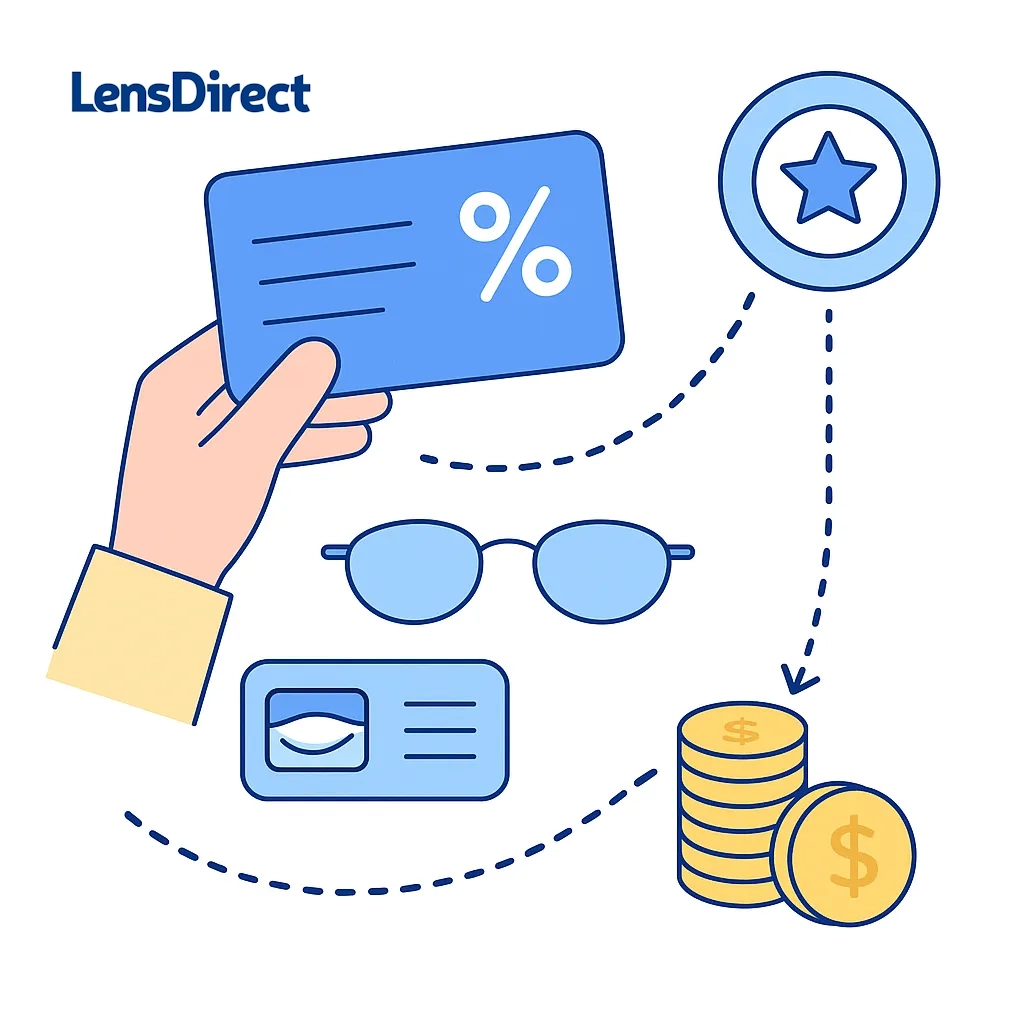Shipping box with contact lens items linked to discount tags illustrating bundling purchases and environmental benefits.