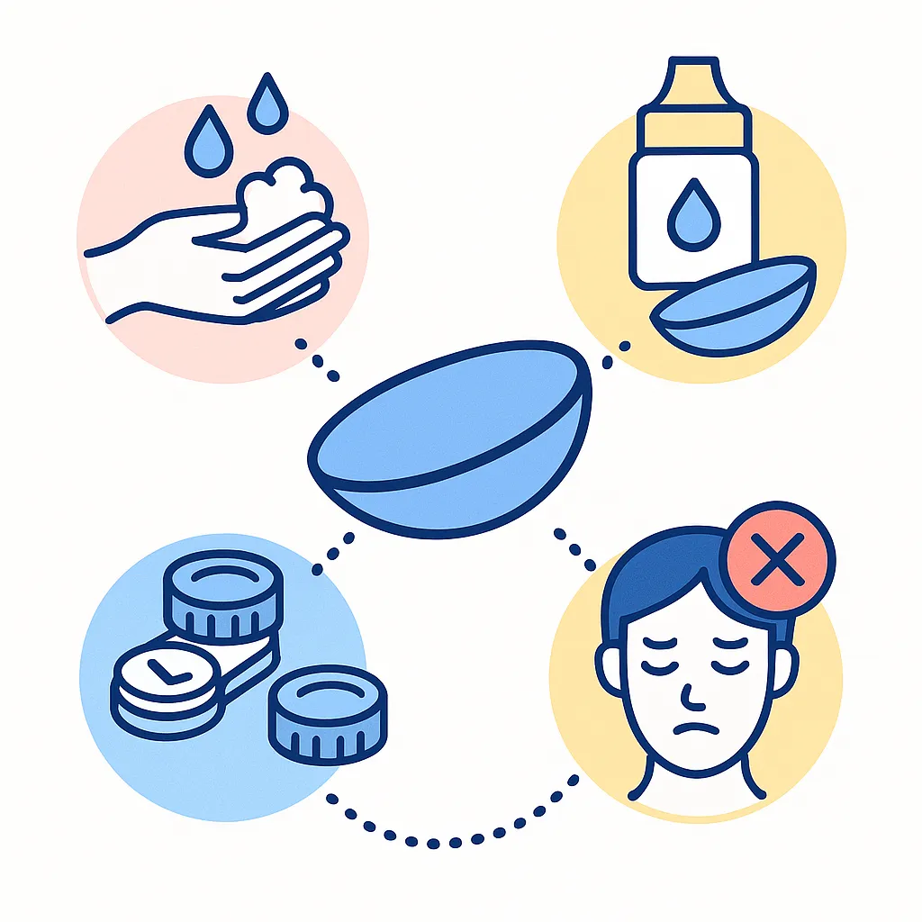 Central contact lens with icons for washing hands, cleaning lenses, changing cases and not sleeping in contacts linked by dotted lines.