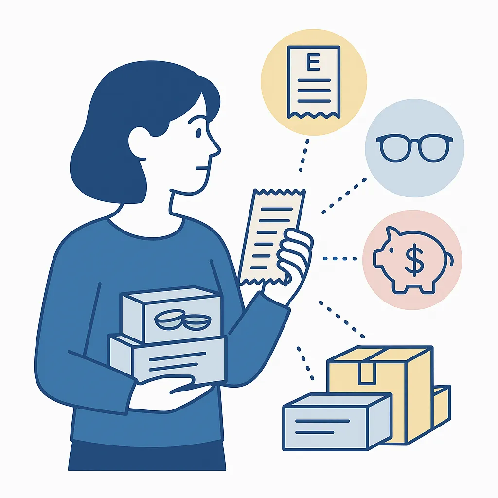 Person holding a receipt and contact lens boxes with icons for eye exam, glasses and piggy bank illustrating combined year‑end spending.