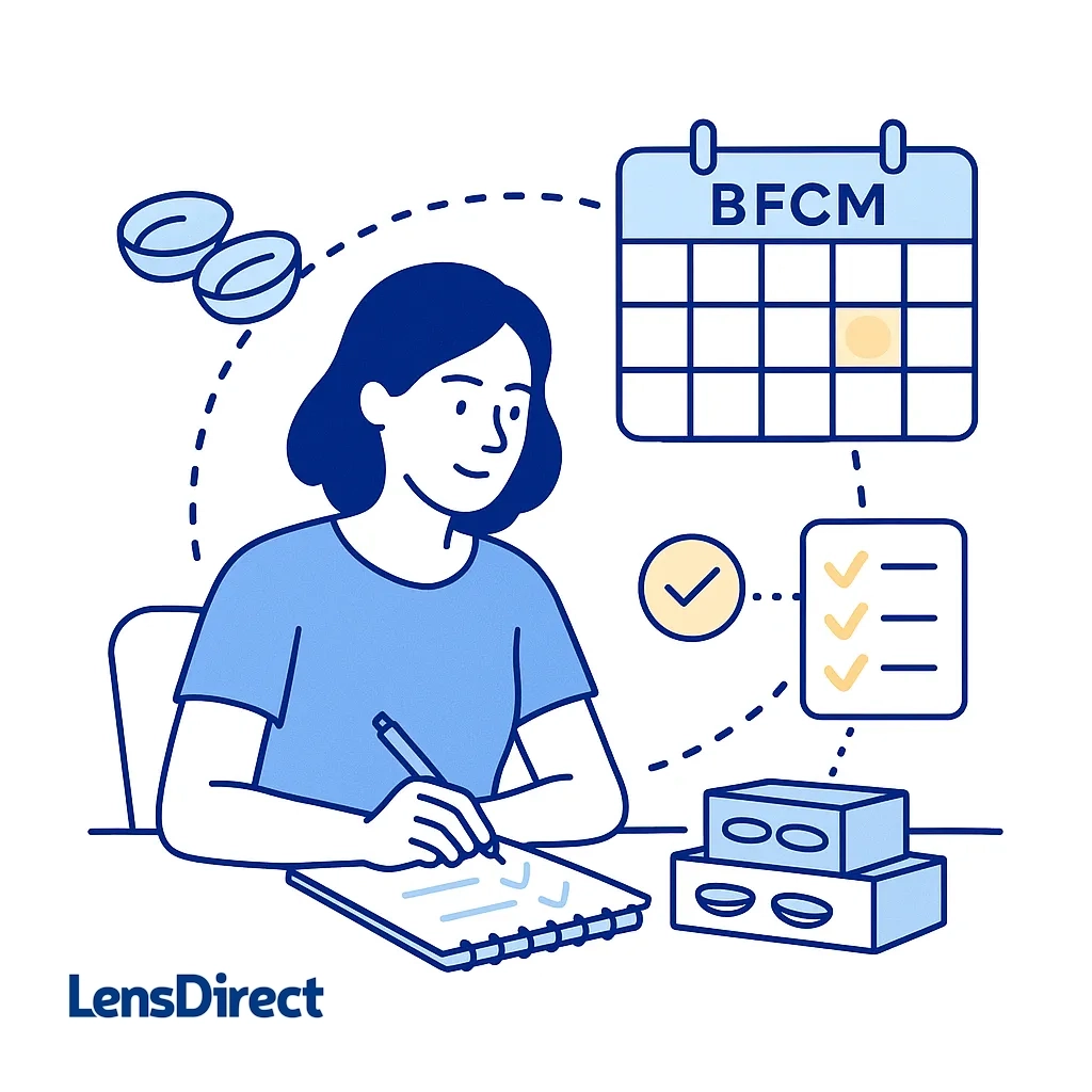 Modern line art of a person writing a checklist with floating contact lens and calendar icons connected by dotted lines.
