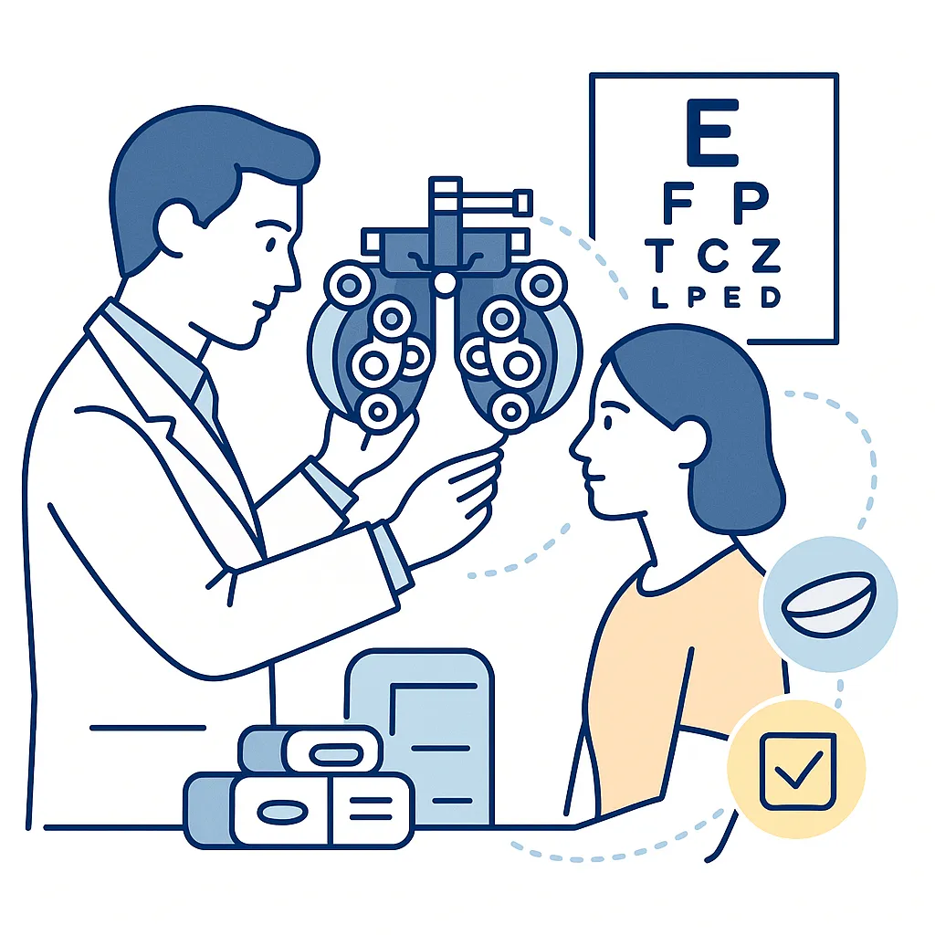 Minimalist eye exam scene with an optometrist, patient, eye chart and contact lens icon connected to a prescription card.
