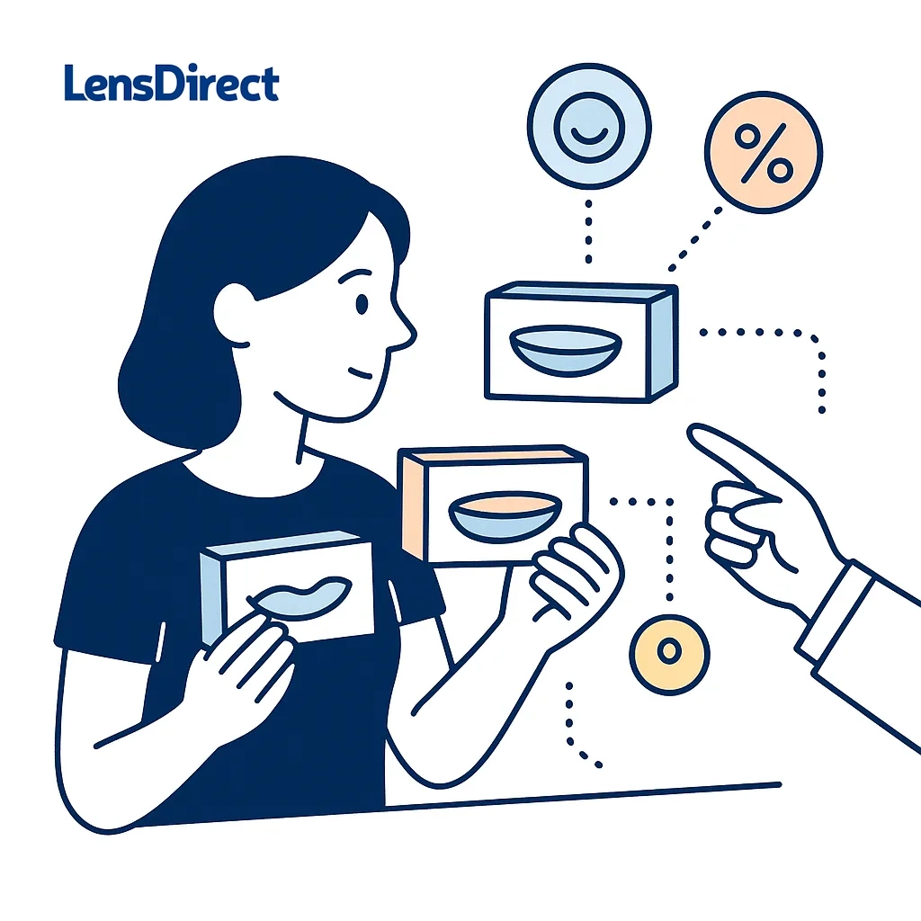 Illustration of two contact lens packages with icons for comfort and cost, connected by dotted lines for comparison.