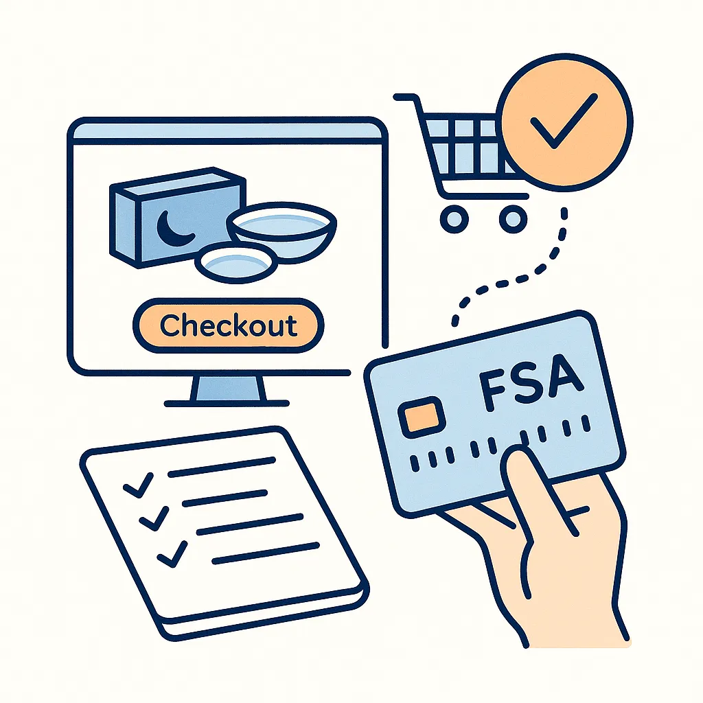 Line art of a shopping cart connected by dotted lines to icons for lenses, glasses and discounts, representing a purchase list.