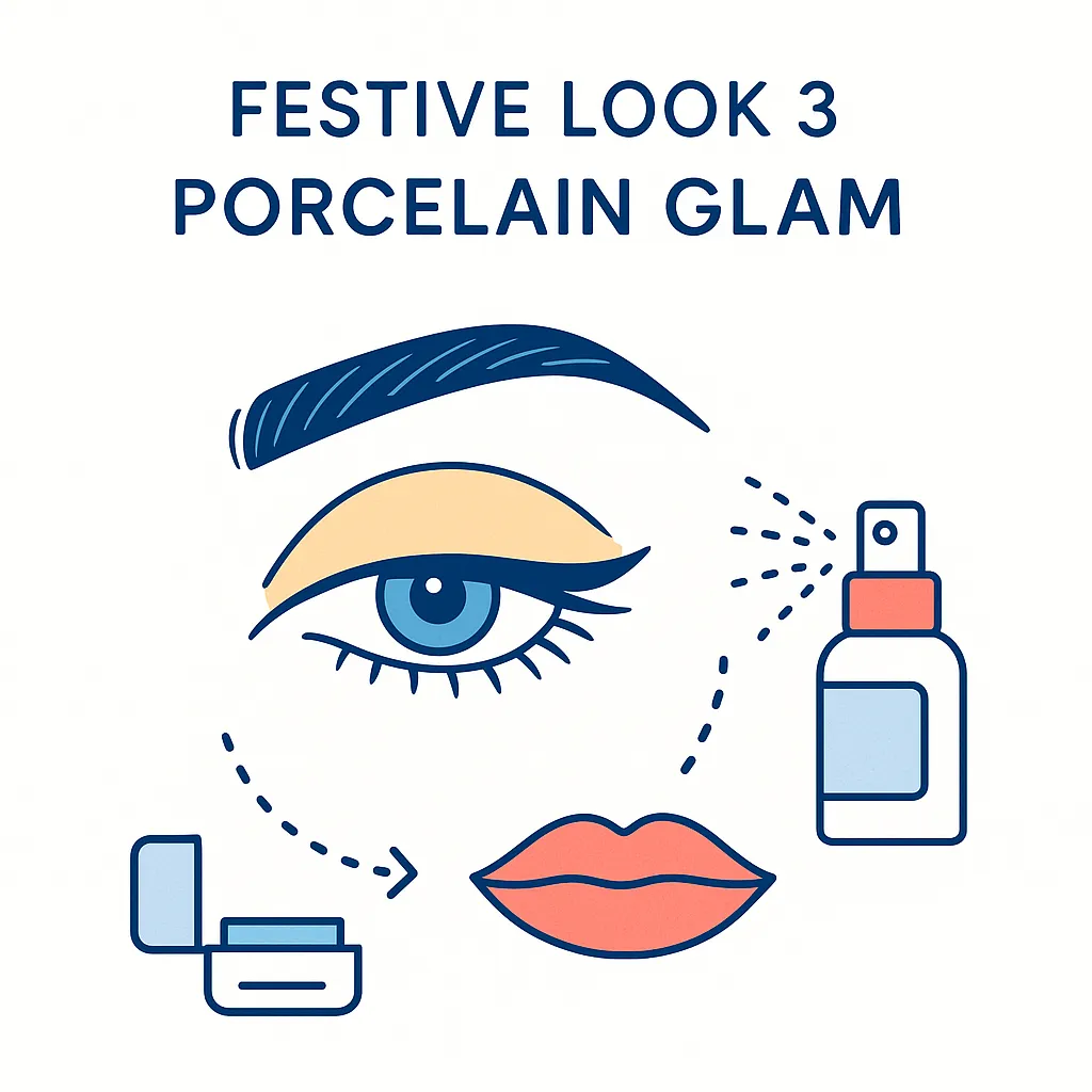 Porcelain glam look: matte eyeshadow with eyeliner, radiant cheeks and a vibrant lip finished with setting spray to stay fresh around contacts.