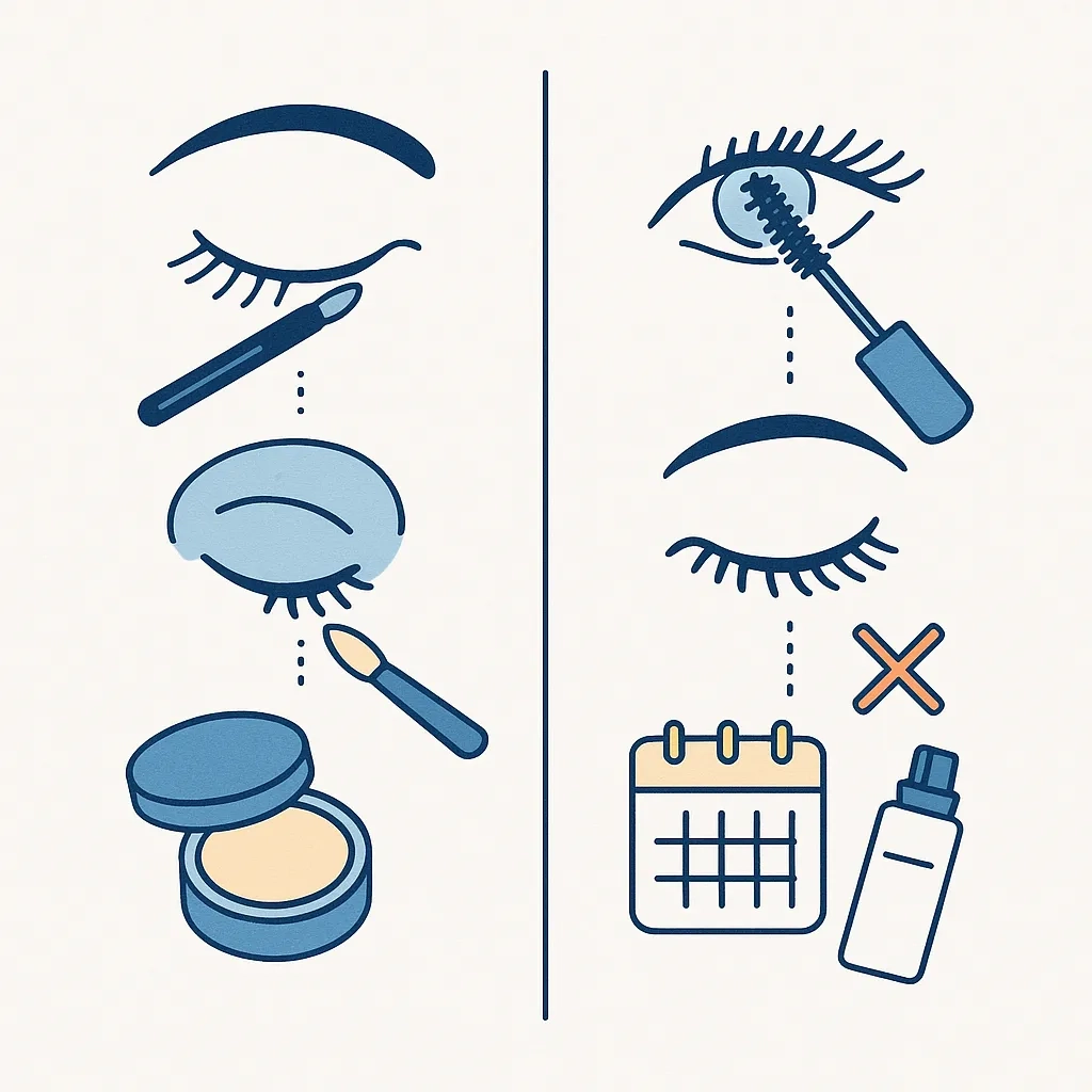 Split graphic comparing safe eye makeup—pencil liner, cream shadow, pressed powder—to fiber mascara, expired products and aerosol sprays to avoid.