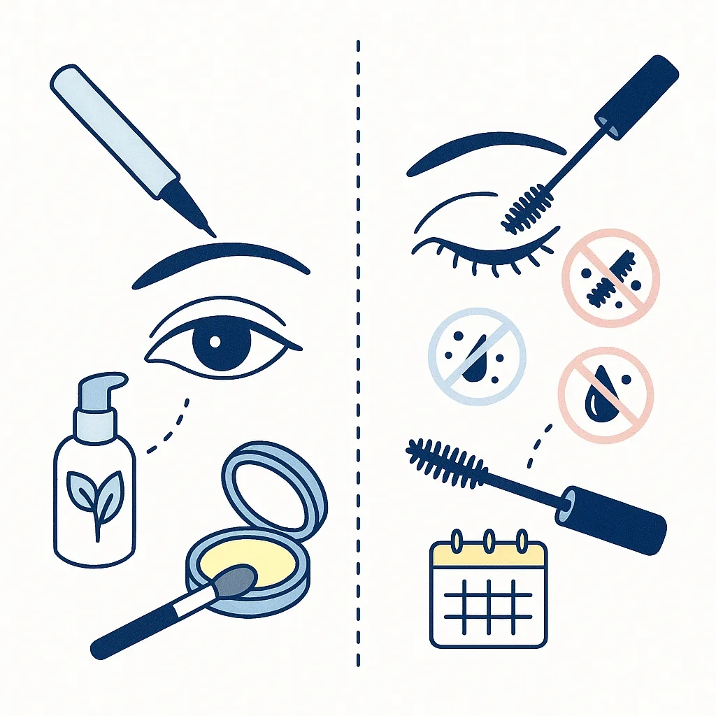 Side‑by‑side guide: water‑based eyeliner and pressed shadow on one side versus fiber or glitter mascara, expired mascara and aerosol sprays on the other.